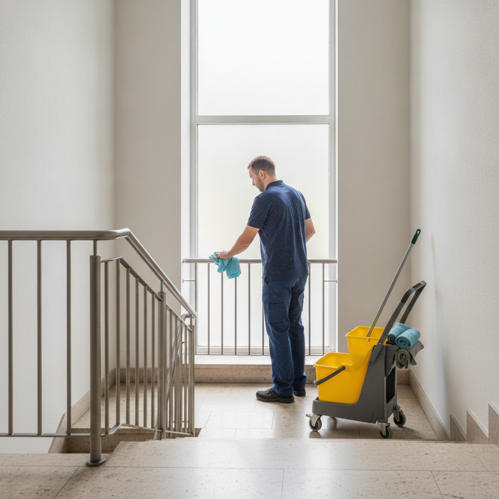 Reinigungskraft in Arbeitskleidung reinigt Handlauf und Stufen in einem Münchner Treppenhaus