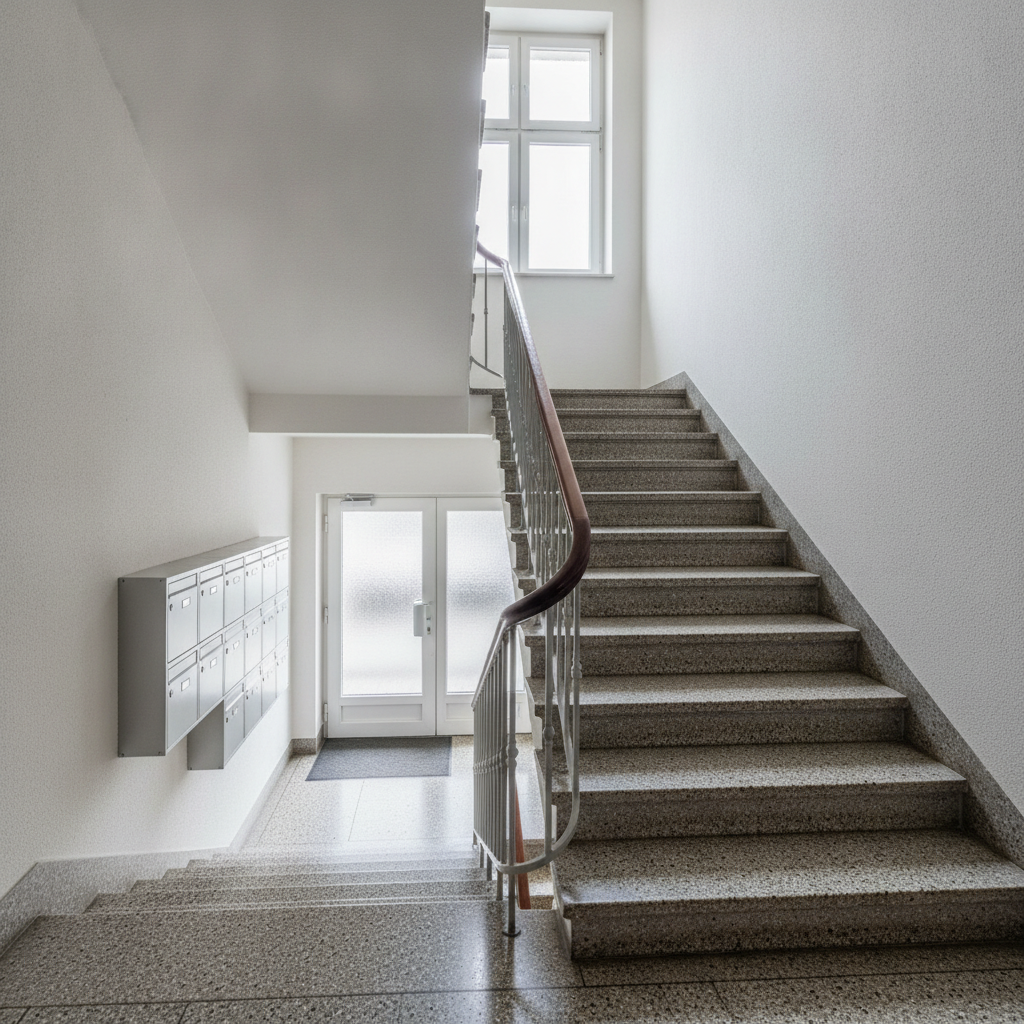Sauberes, gepflegtes Treppenhaus eines Münchner Mehrfamilienhauses nach professioneller Unterhaltsreinigung